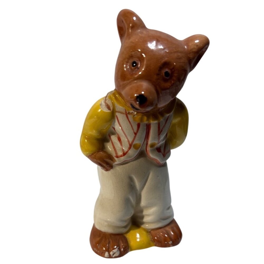 Vintage Weetman Ceramic Bear Figurine With Yellow Shirt & Striped Vest 4.5" 1950